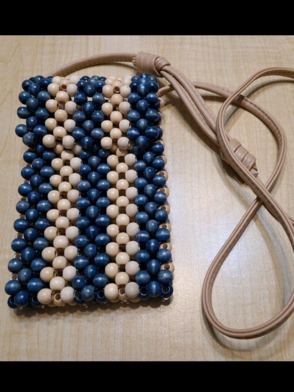 Women’s Beaded Cellphone Crossbody Purse Blue And Cream 4 X 7 Inch